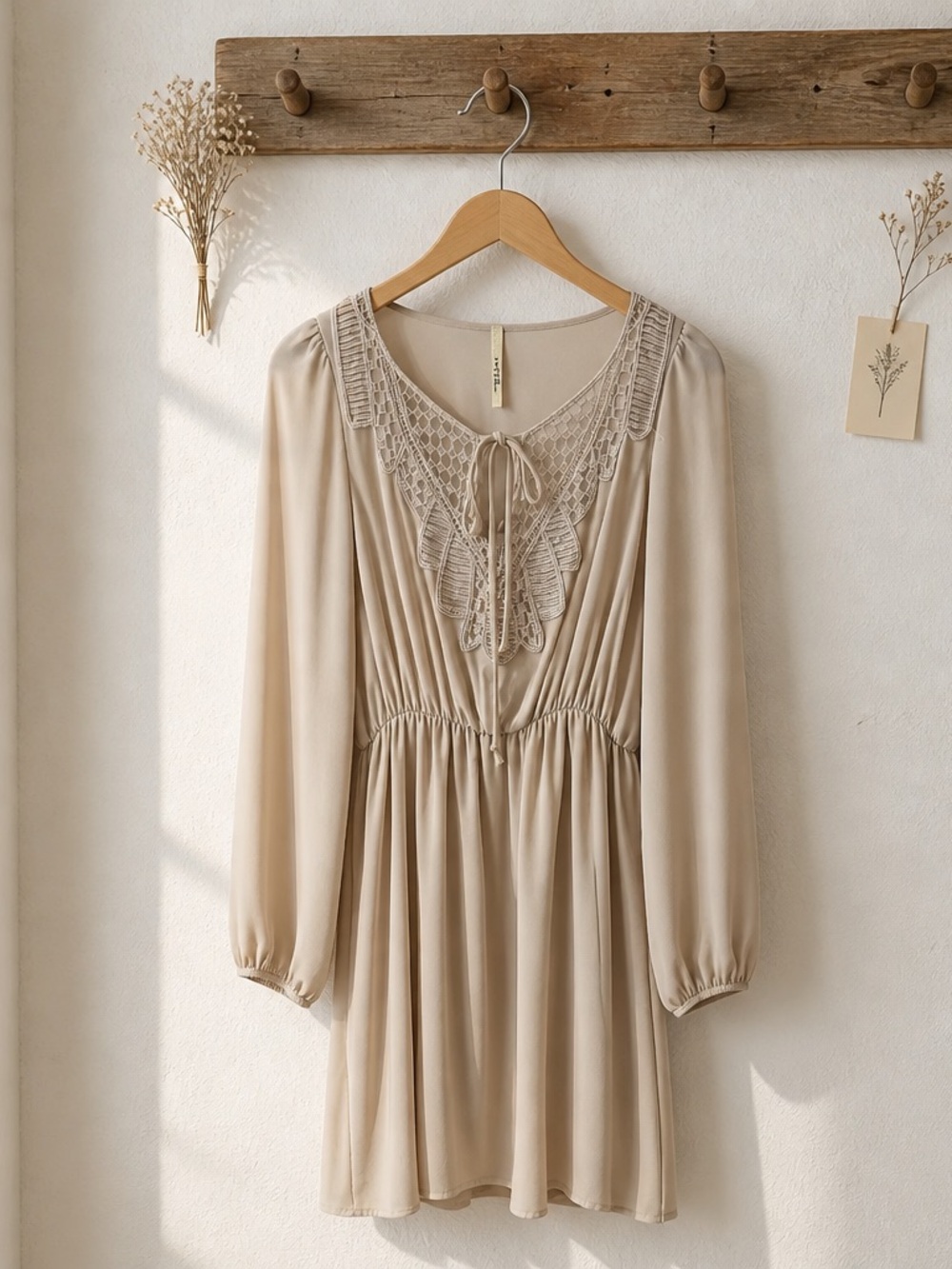 Boho Lace-Trim Long Sleeve Mini Dress in Beige
